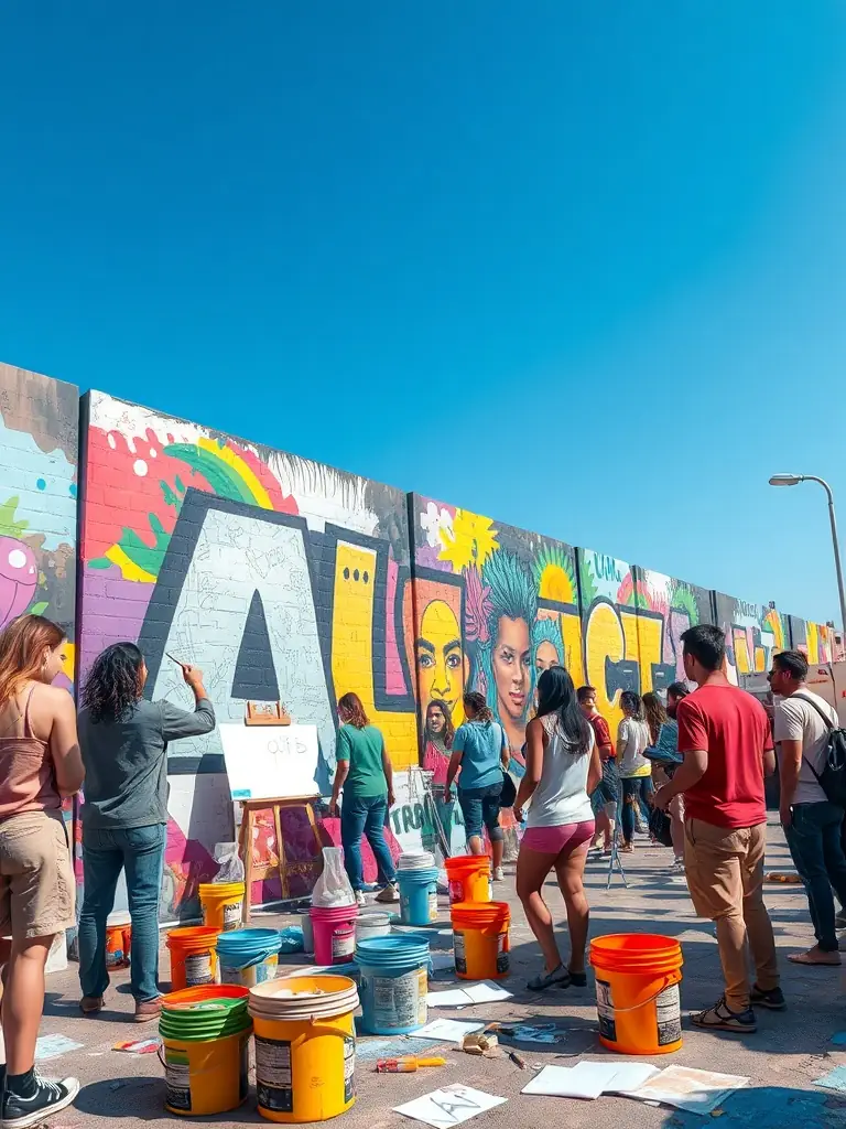 A photograph of a group of artists collaborating on a large-scale mural in a community setting, showcasing the collaborative and community-focused aspect of LE COIN DU MIROIR's artistic creation program.