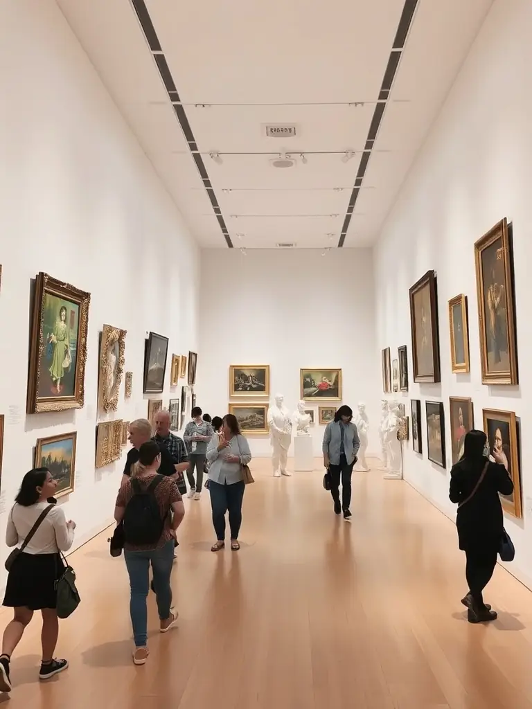 A photograph capturing the opening night of a contemporary art exhibition at LE COIN DU MIROIR, featuring diverse artworks and attendees engaged in conversation.