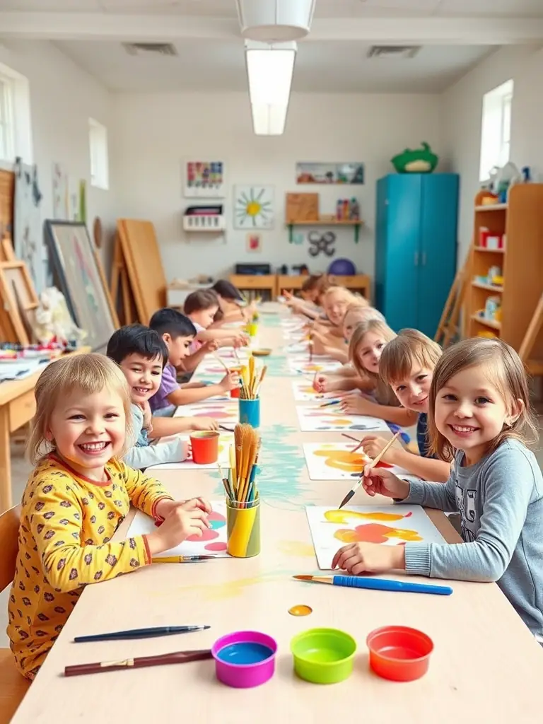 A photo of a workshop where children are participating in an art activity, guided by an instructor, demonstrating LE COIN DU MIROIR's commitment to art education.