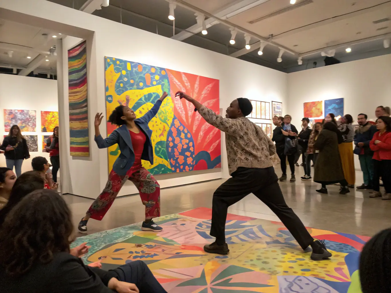 A dynamic image depicting a live performance art event organized by LE COIN DU MIROIR, highlighting the energy and innovation of contemporary performance.