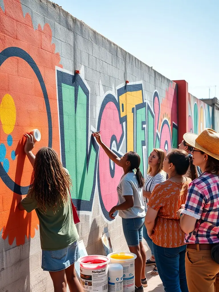 A photograph of a group of artists collaborating on a large-scale mural project in Dijon, France, showcasing the community engagement aspect of LE COIN DU MIROIR's programs.