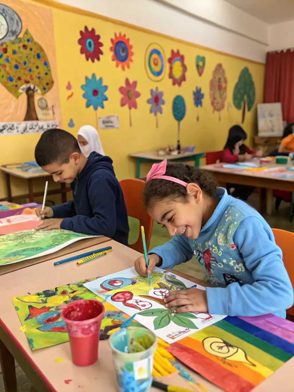 A photo of children participating in an art workshop, with instructors guiding them through various creative activities, illustrating LE COIN DU MIROIR's commitment to educational initiatives.
