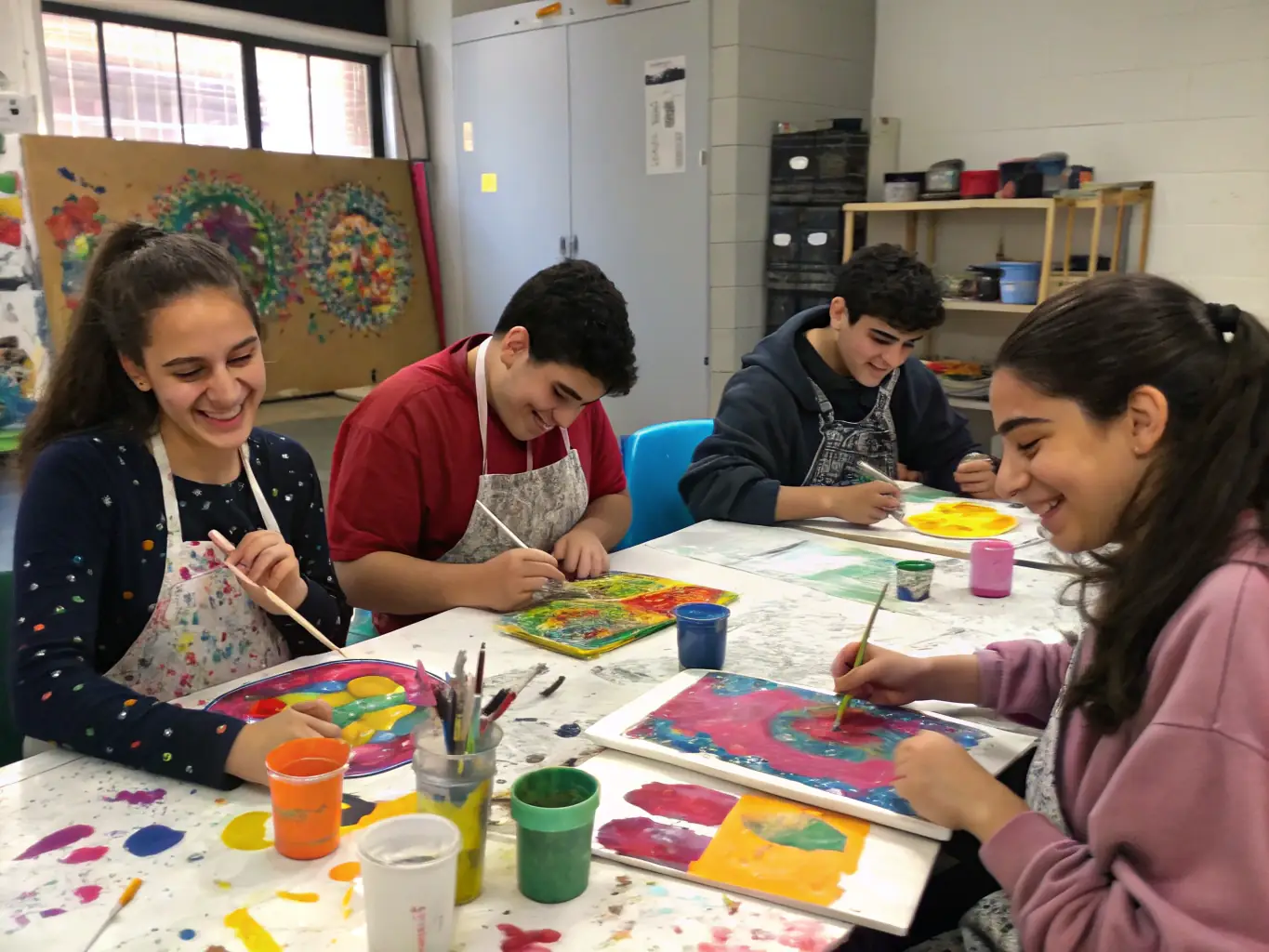 A vibrant photograph capturing a group of participants actively engaged in a contemporary art workshop at LE COIN DU MIROIR, showcasing hands-on artistic creation and collaboration.