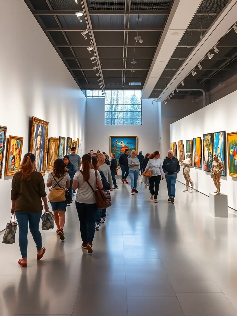 An image of a contemporary art exhibition at LE COIN DU MIROIR, featuring diverse artworks and visitors engaging with the art.